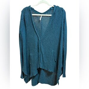 Free People Asymmetrical Cardigan Sweater Teal Knit  Oversized‎ Boho Sz XS